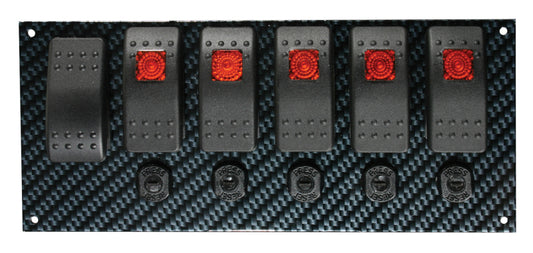Moroso Rocker Switch Panel - Dash Mount - LED - 8in x 3-13/32in - Grey/Black Fiber Design