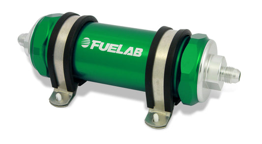 Fuelab 828 In-Line Fuel Filter Long -6AN In/Out 40 Micron Stainless - Green
