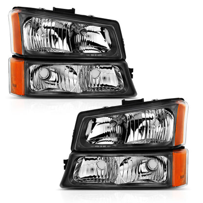 ANZO 2003-2006 Chevy Silverado Crystal Headlight w/ Signal Light Black Amber (4 pcs)