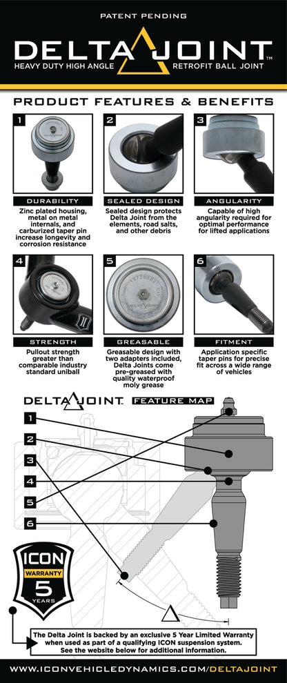 ICON 07-16 GM 1500 Tubular Upper Control Arm Delta Joint Kit (Small Taper)