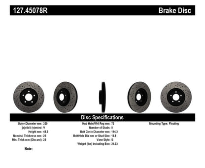 StopTech 07-09 Mazda 3 Right Front Slotted & Drilled Rotors