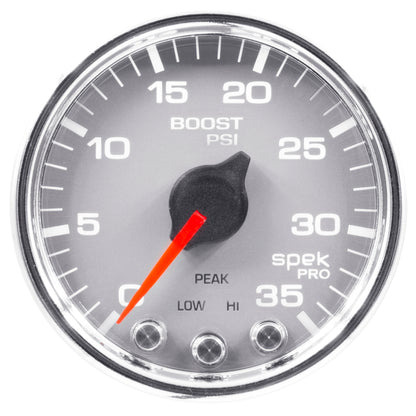 Autometer Spek-Pro Gauge Boost 2 1/16in 35psi Stepper Motor W/Peak & Warn Silver/Chrome