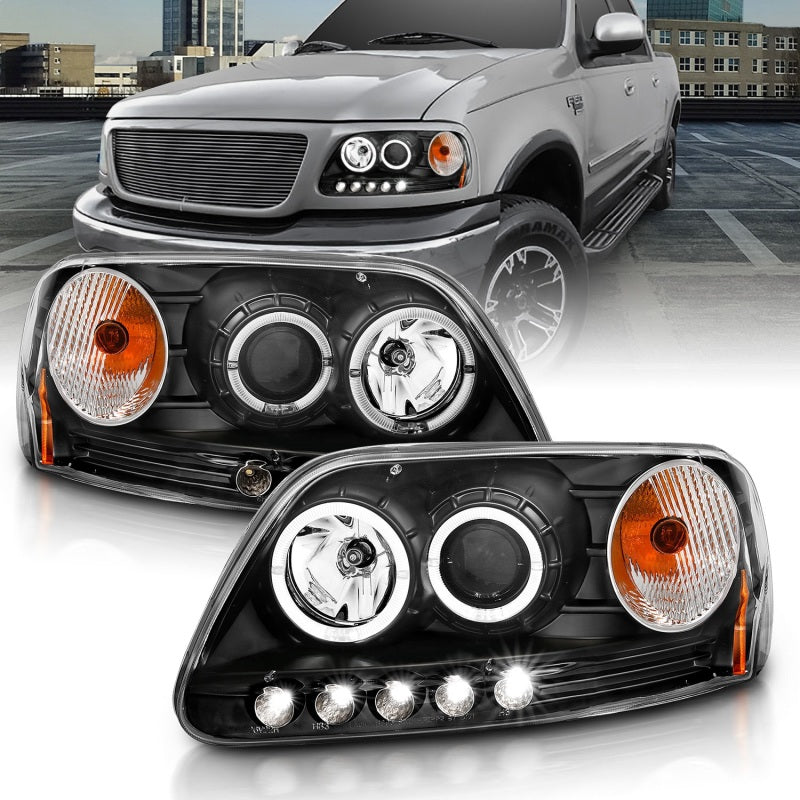 ANZO 1997.5-2003 Ford F-150 Projector Headlights w/ Halo and LED Black 1pc